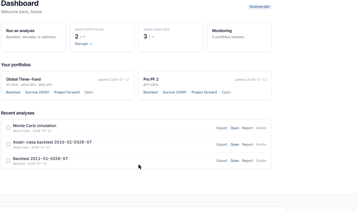 The Informed Portfolio dashboard showing saved portfolios, recent analyses and monitoring