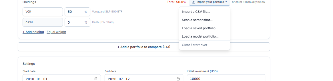 The holdings editor with the Import your portfolio menu open