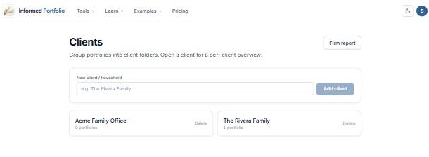 Advisor workspaces — client folders with a firm report button