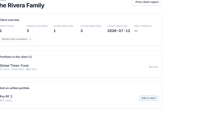 A client folder overview with per-client rollup metrics and a filed portfolio