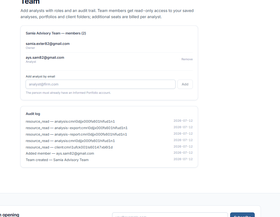 The team manager showing members with roles and an audit log